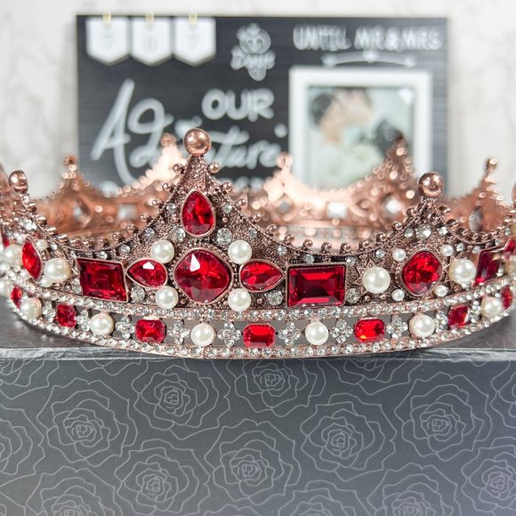 Wedding King Crown, Vintage Red Rhinestone XL Royal Crown, Baroque Crown for Men - Picture 6 of 8